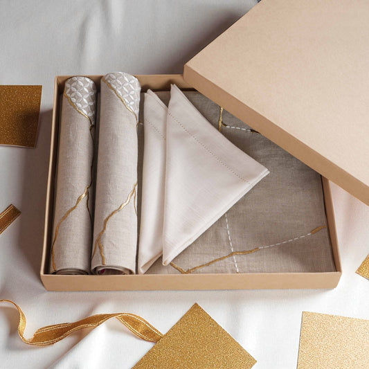 KINTSUGI Table Linen GIFT PACK - Linen and Cotton with Gold Zari and White Silk Embroidery