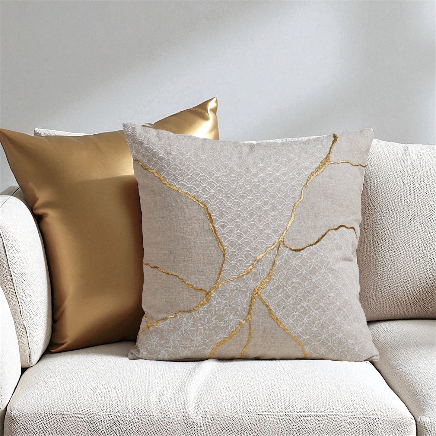 KINTSUGI Embroidered Linen Pillow Cover – 18x18 Inch, Gold & White Embroidery, Big Mend