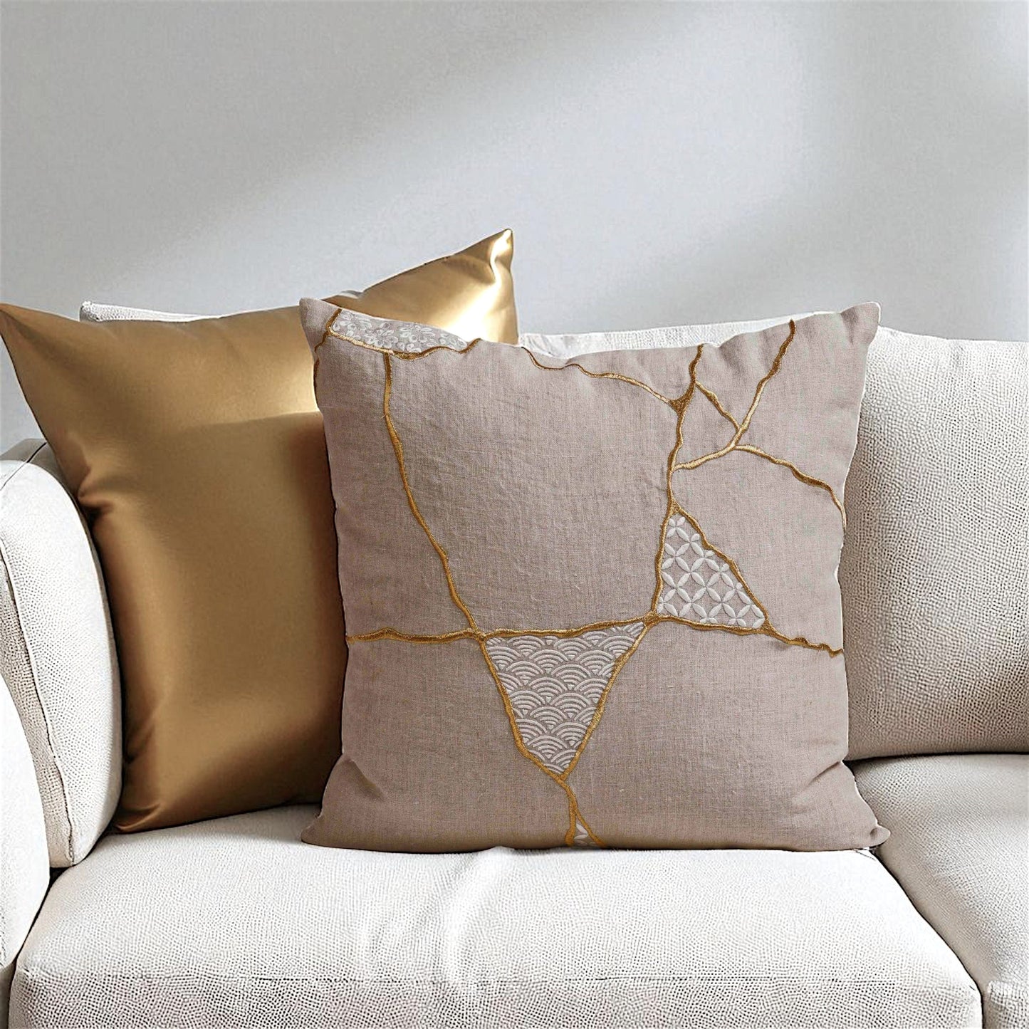 KINTSUGI Embroidered Linen Pillow Cover – 18x18 Inch, Gold & White Embroidery, Medium Mend