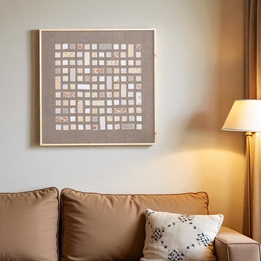 Neutral Patchwork Textile Wall Art – 24 x 24 inches, Unframed