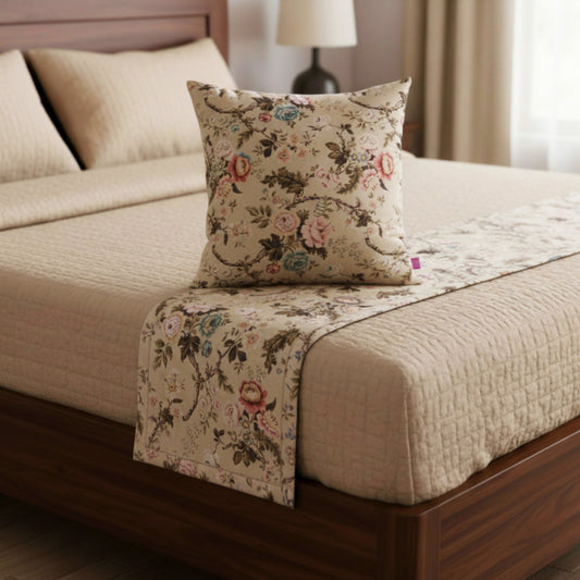 AMOUR - Beige Rose Print Linen Bed runner set - King / Queen / Twin Size