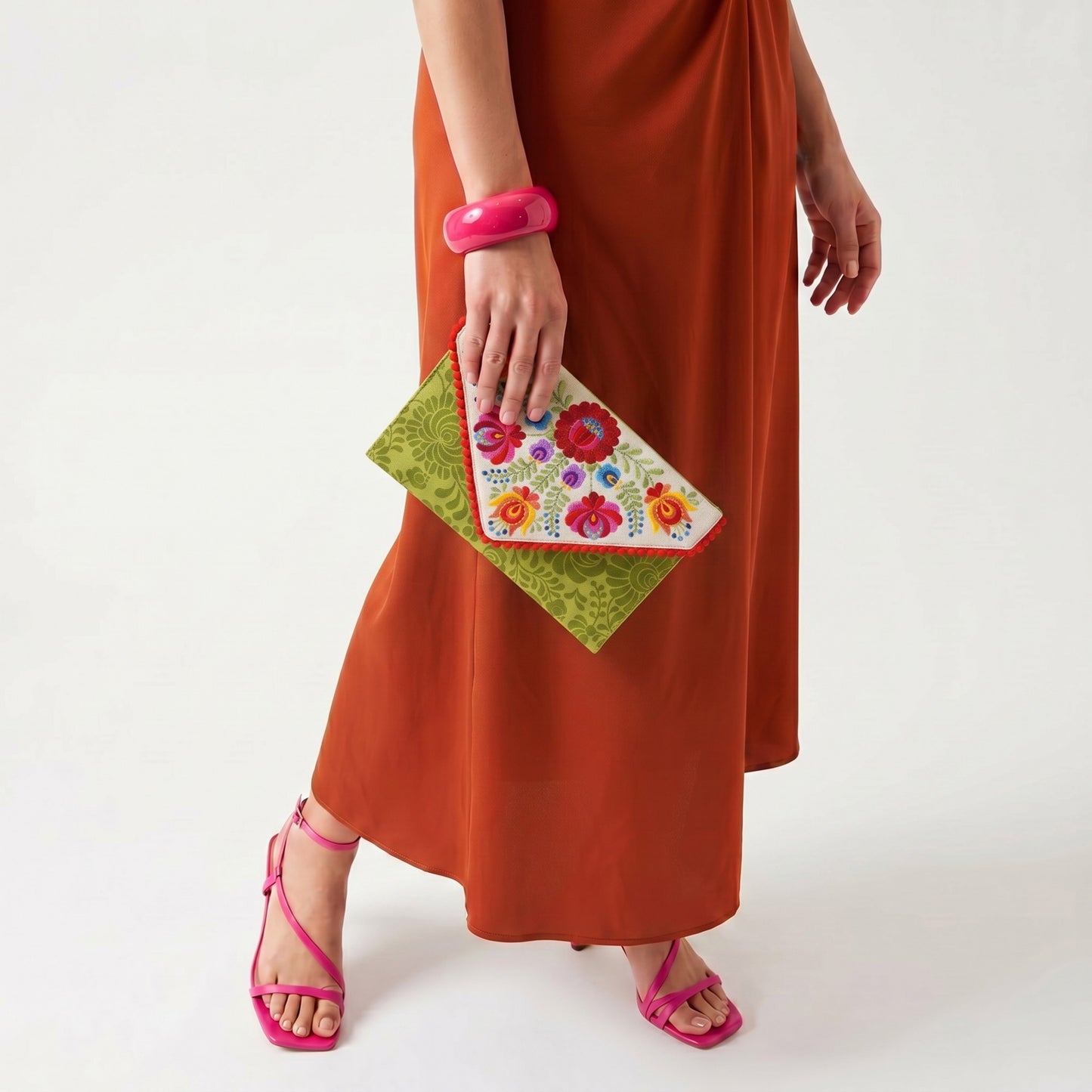 Matyo Green & Off-White Embroidered Envelope Clutch | Foldover Boho Purse | Handmade