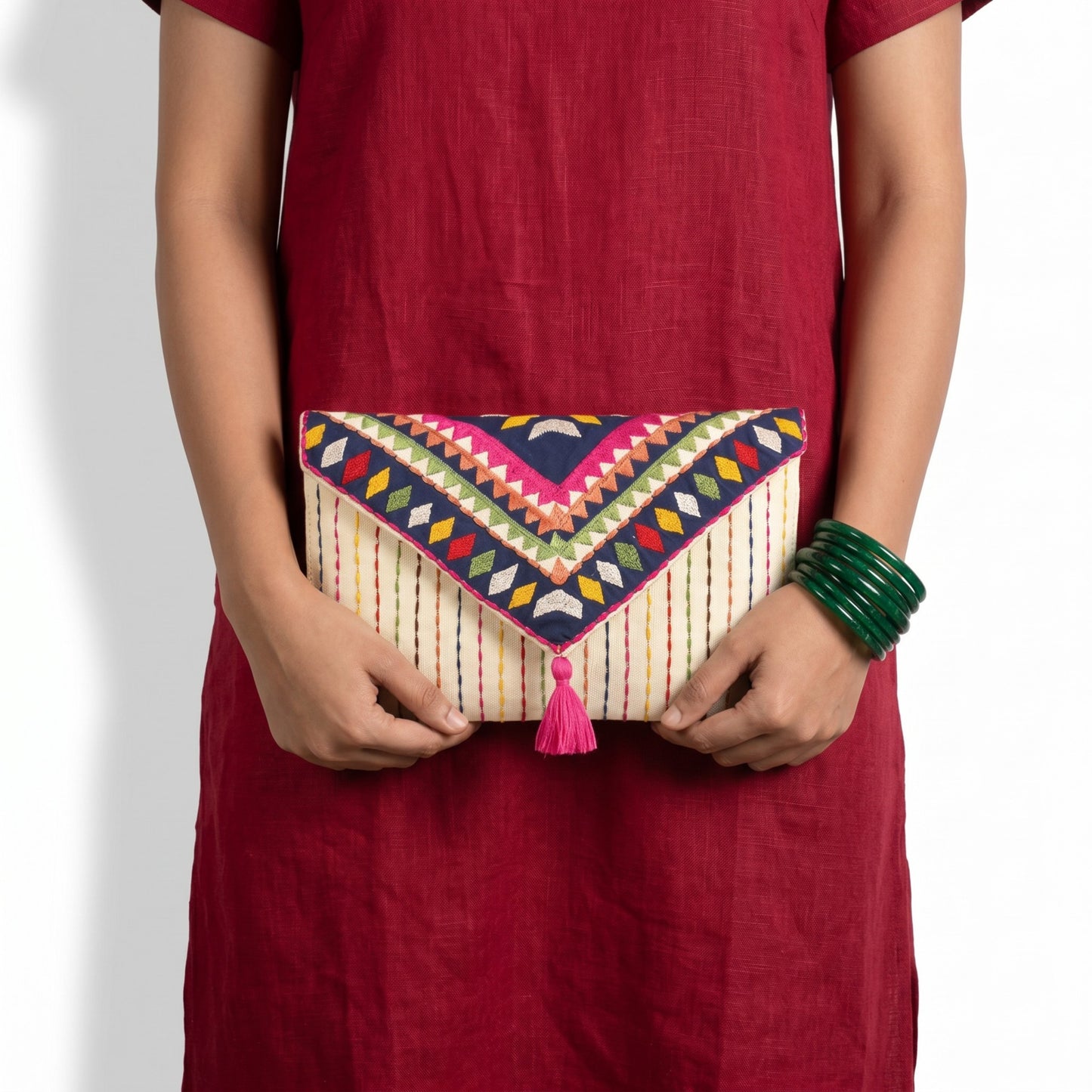 Off-White Tribal Embroidered Envelope Clutch | Foldover Boho Bag | Cotton Duck | Handmade
