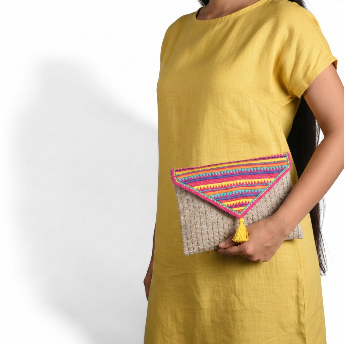 Tribal Multicolour Embroidered Linen Envelope Clutch | Foldover Boho Bag | Handmade | 6"×9"