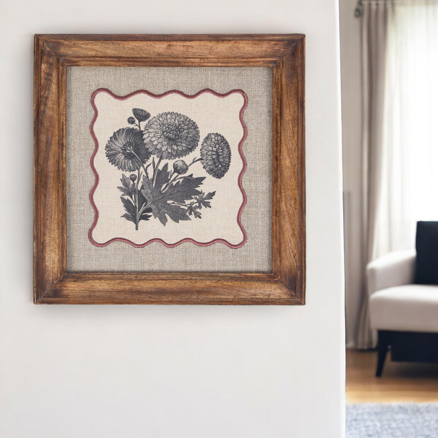 BOTANICAL wall art, Chrysanthmum motif with wooden frame, 12X12 inches