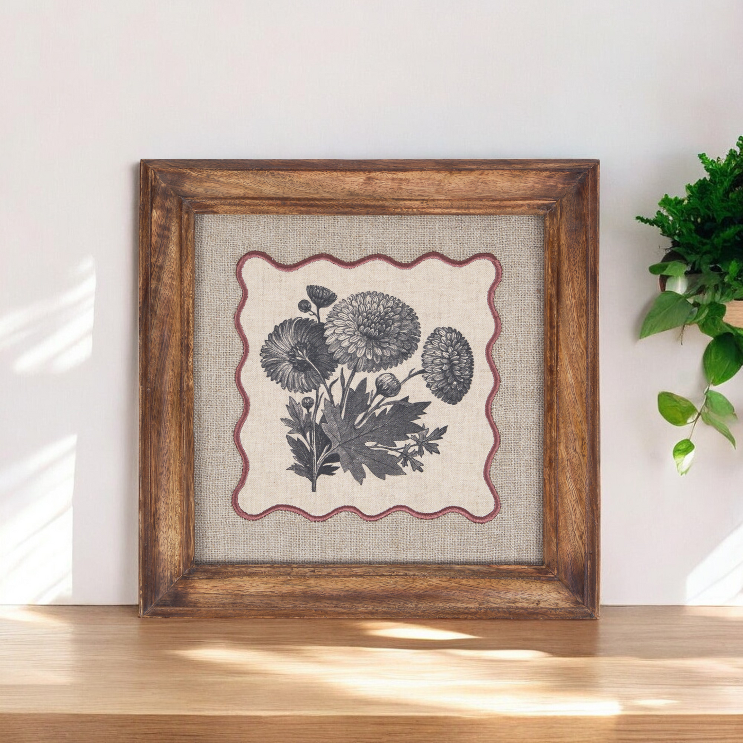 BOTANICAL wall art, Chrysanthmum motif with wooden frame, 12X12 inches