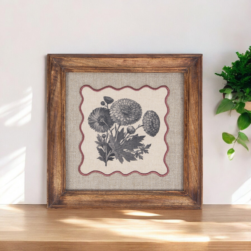 BOTANICAL wall art, Chrysanthmum motif with wooden frame, 12X12 inches