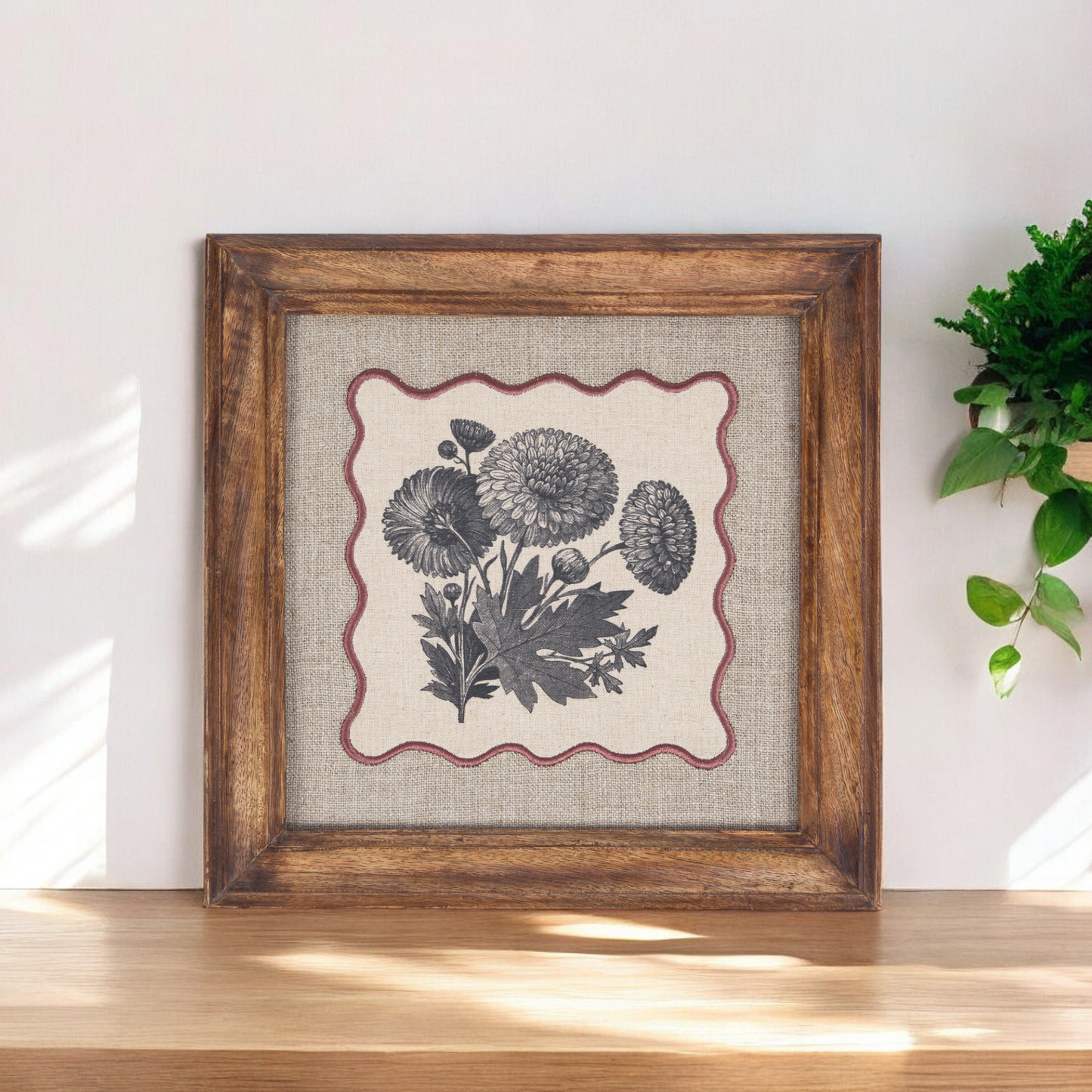 Chrysanthemum Botanical Wall Art – Framed Gift | Embroidered Linen, 12×12 inches