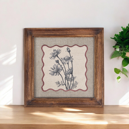 BOTANICAL wall art, Daisy bunch motif with wooden frame, 12X12 inches