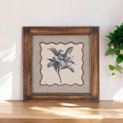 Frangipani Botanical Wall Art – Framed Gift | Embroidered Linen, 12×12 inches