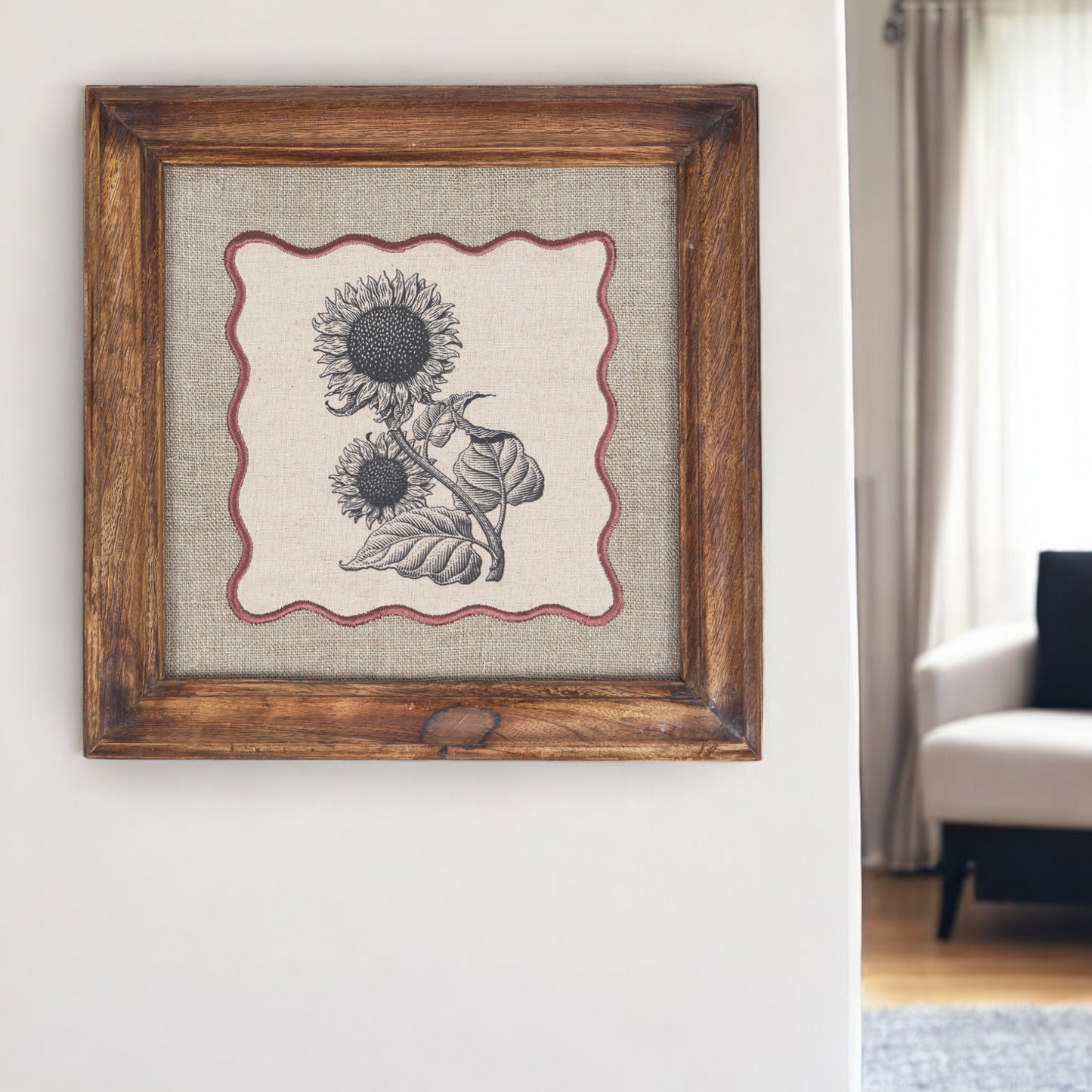 BOTANICAL wall art, Sunflower motif with wooden frame, 12X12 inches