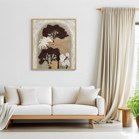 Raffia Embroidered Botanical Wall Art on Natural Linen, Textural Wall Hanging, Unframed or Framed