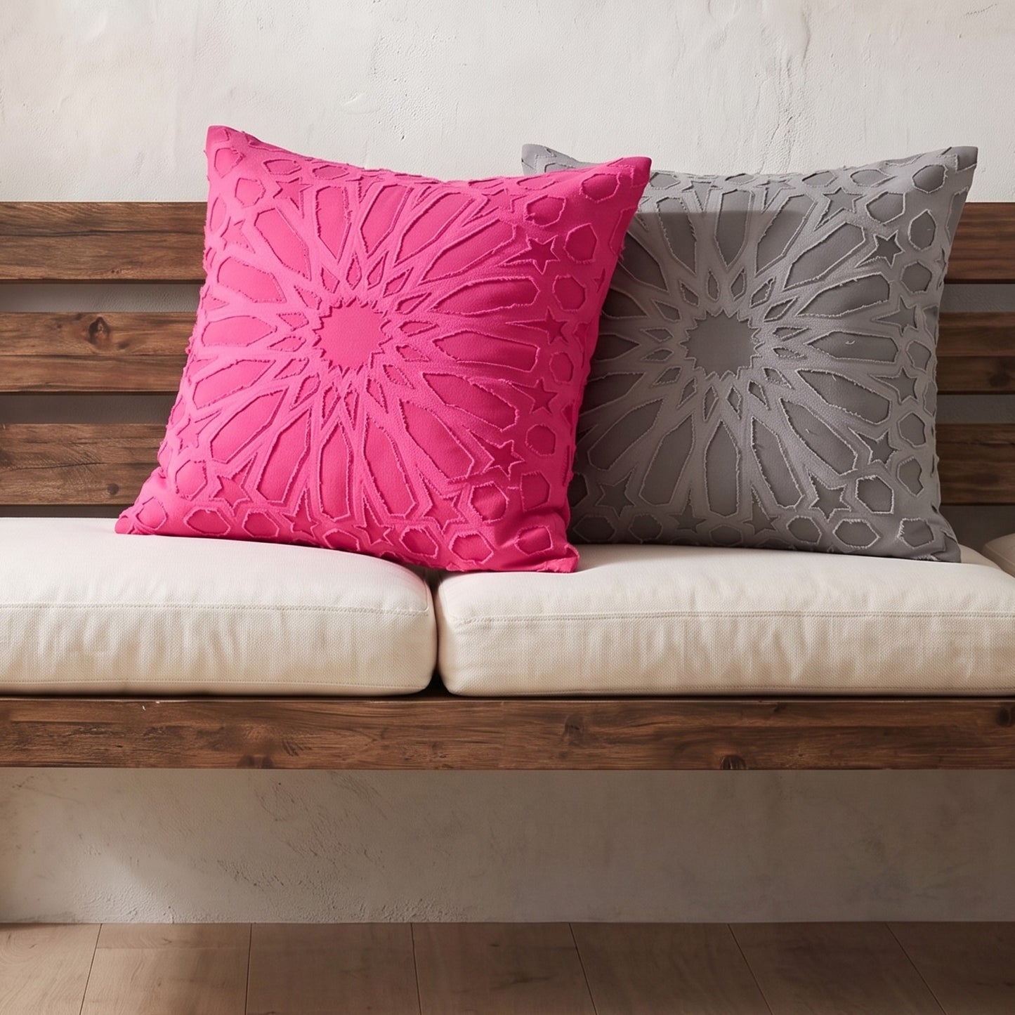 Grey Arabesque Appliqué Cushion Cover | Geometric Cotton | 16×16"