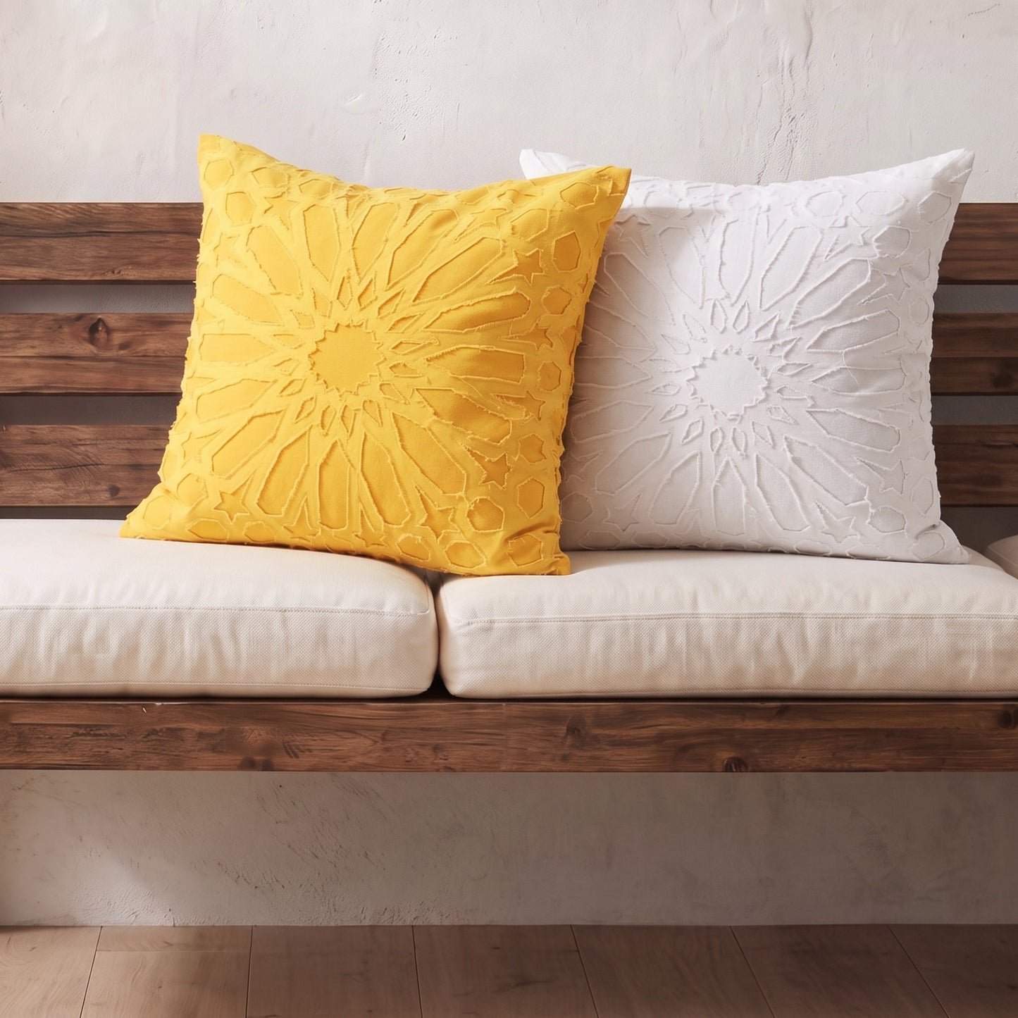 Yellow Arabesque Appliqué Cushion Cover | Geometric Cotton | 16×16"