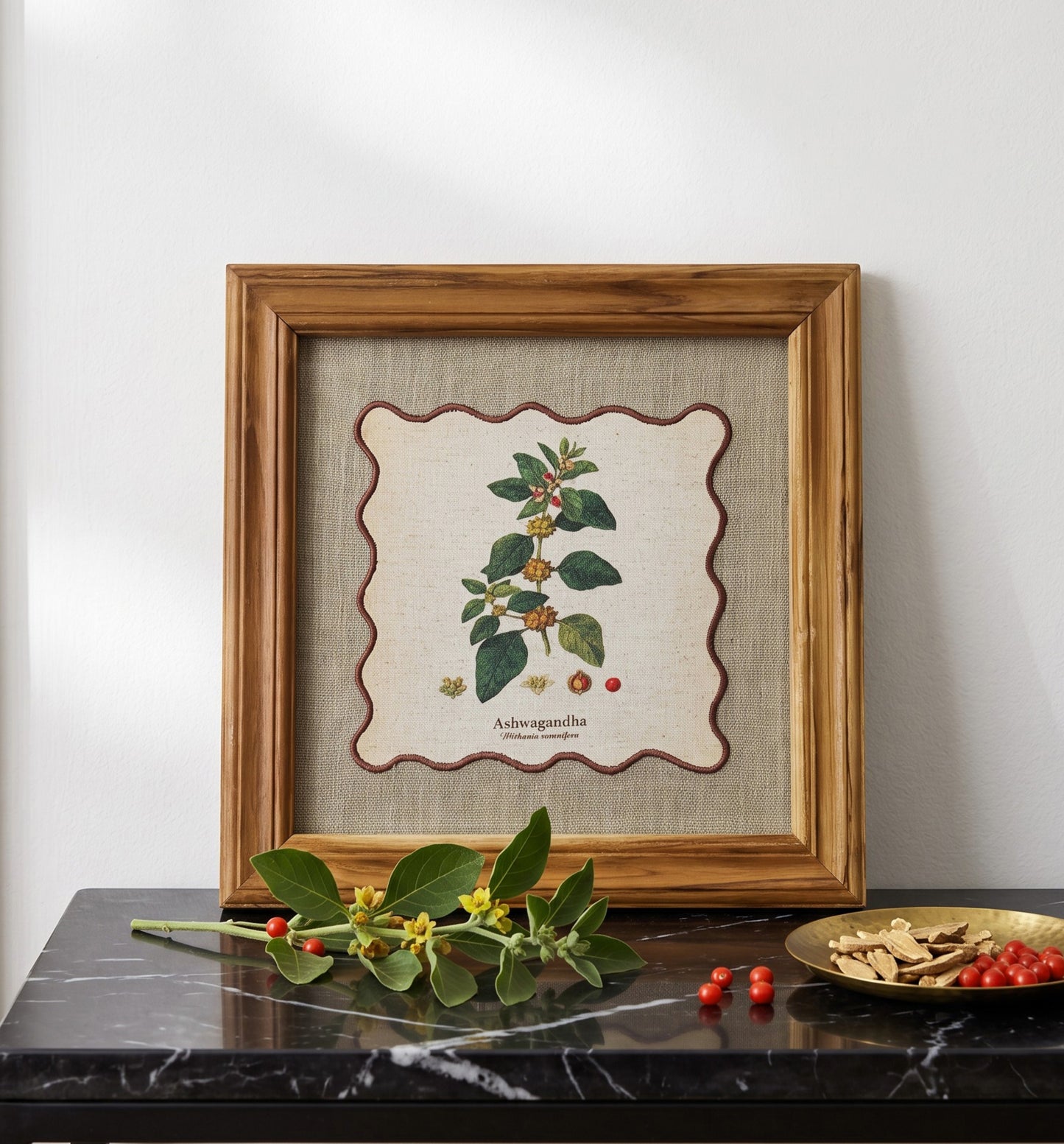 BOTANICAL HERB wall art, Ashwagandha motif with wooden frame, 12X12 inches