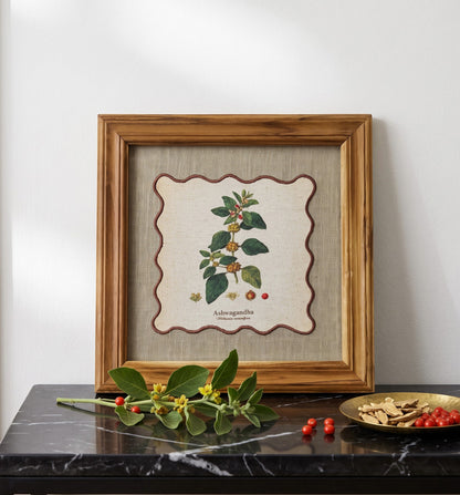 BOTANICAL HERB wall art, Ashwagandha motif with wooden frame, 12X12 inches