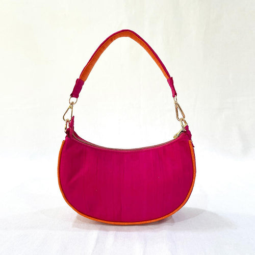Crescent Half Moon Silk Party Purse | Hot Pink & Tangerine | Pure Silk Dupion