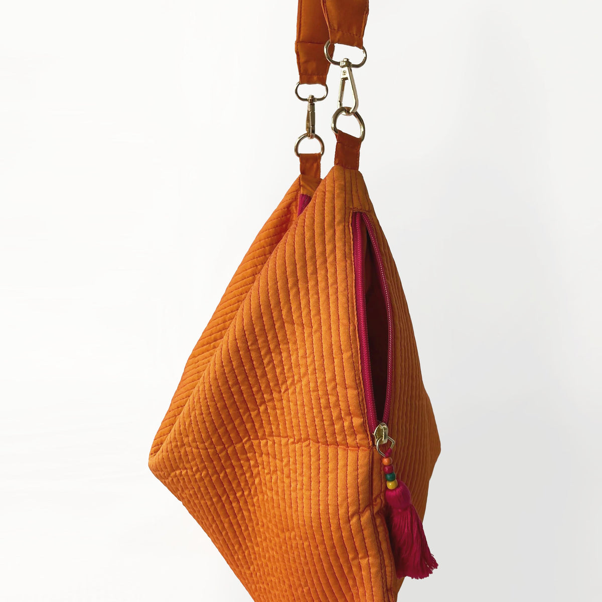Faux Silk Quilted Hobo Bag | Tangerine | Hand Embroidered Handle | 3 Handle Sizes