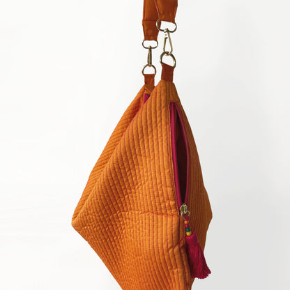 Faux Silk Quilted Hobo Bag | Tangerine | Hand Embroidered Handle | 3 Handle Sizes