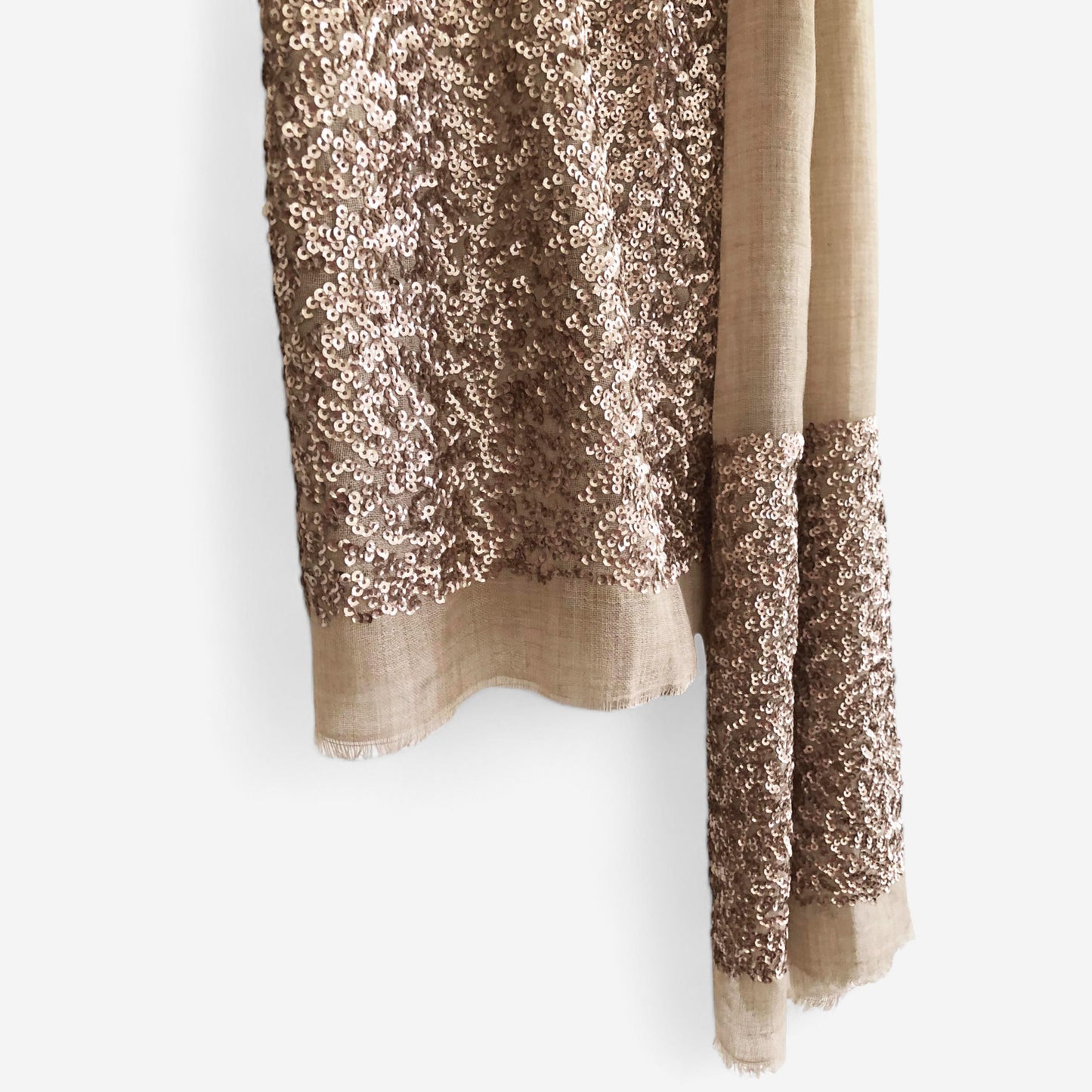 Scarf - Beige fine wool with sequin border