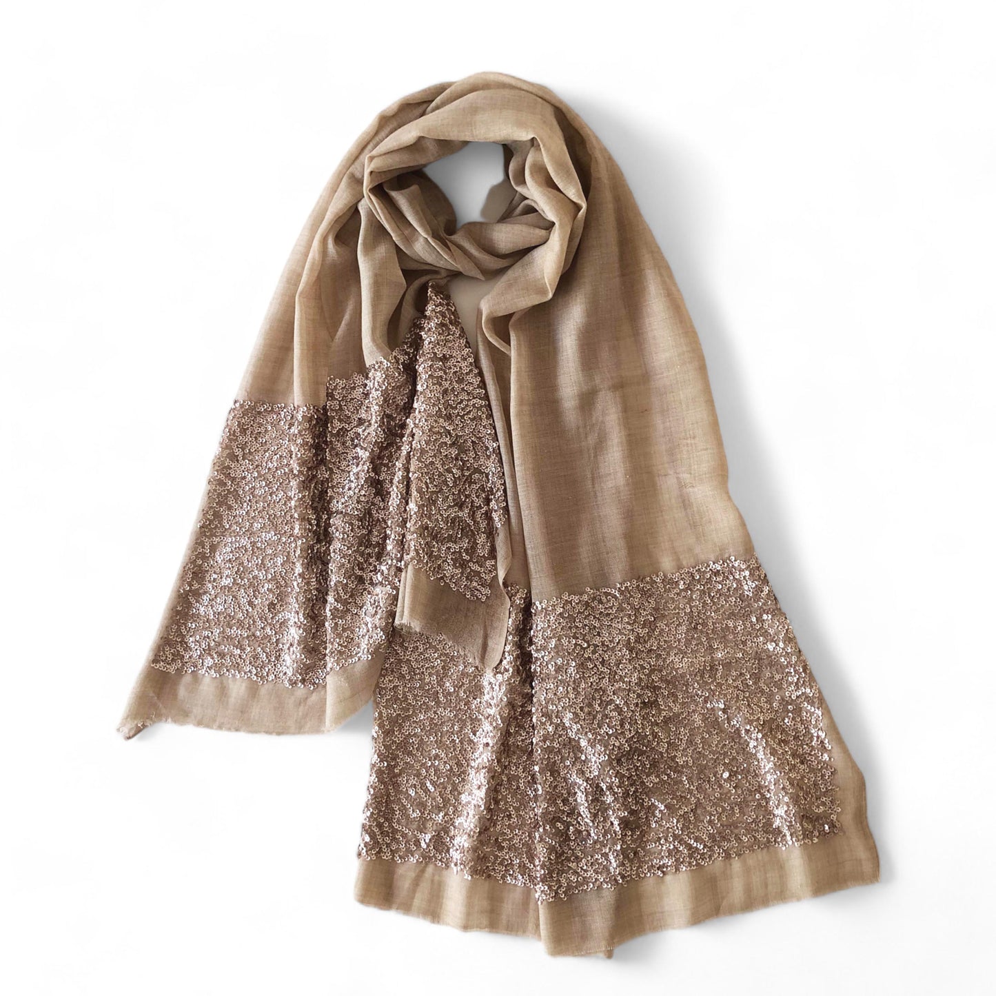 Scarf - Beige fine wool with sequin border