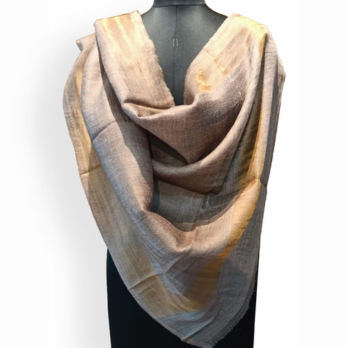 BEIGE fine wool with gold zari scarf, reversible autumn winter stole