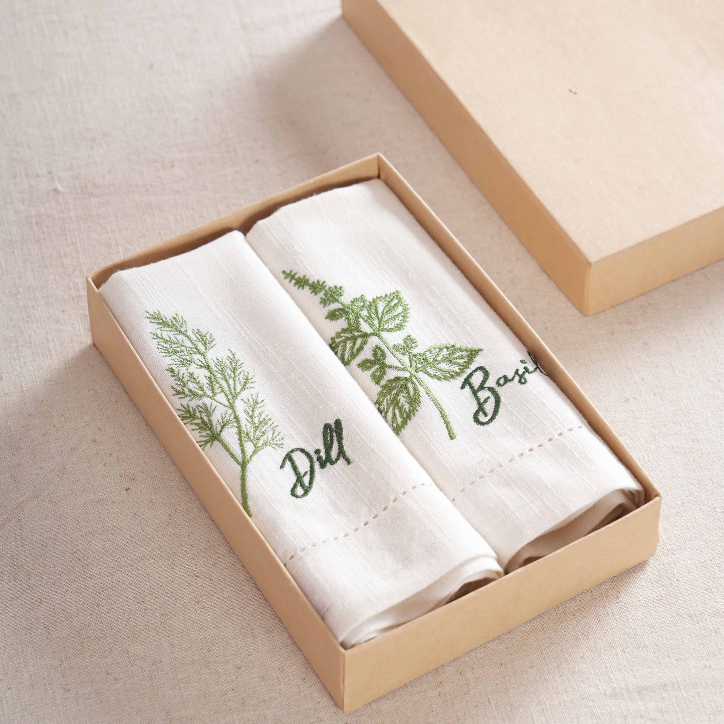Linen Blend Cotton Napkins – Embroidered Herbs Collection with Gift Box - 18X18 inches