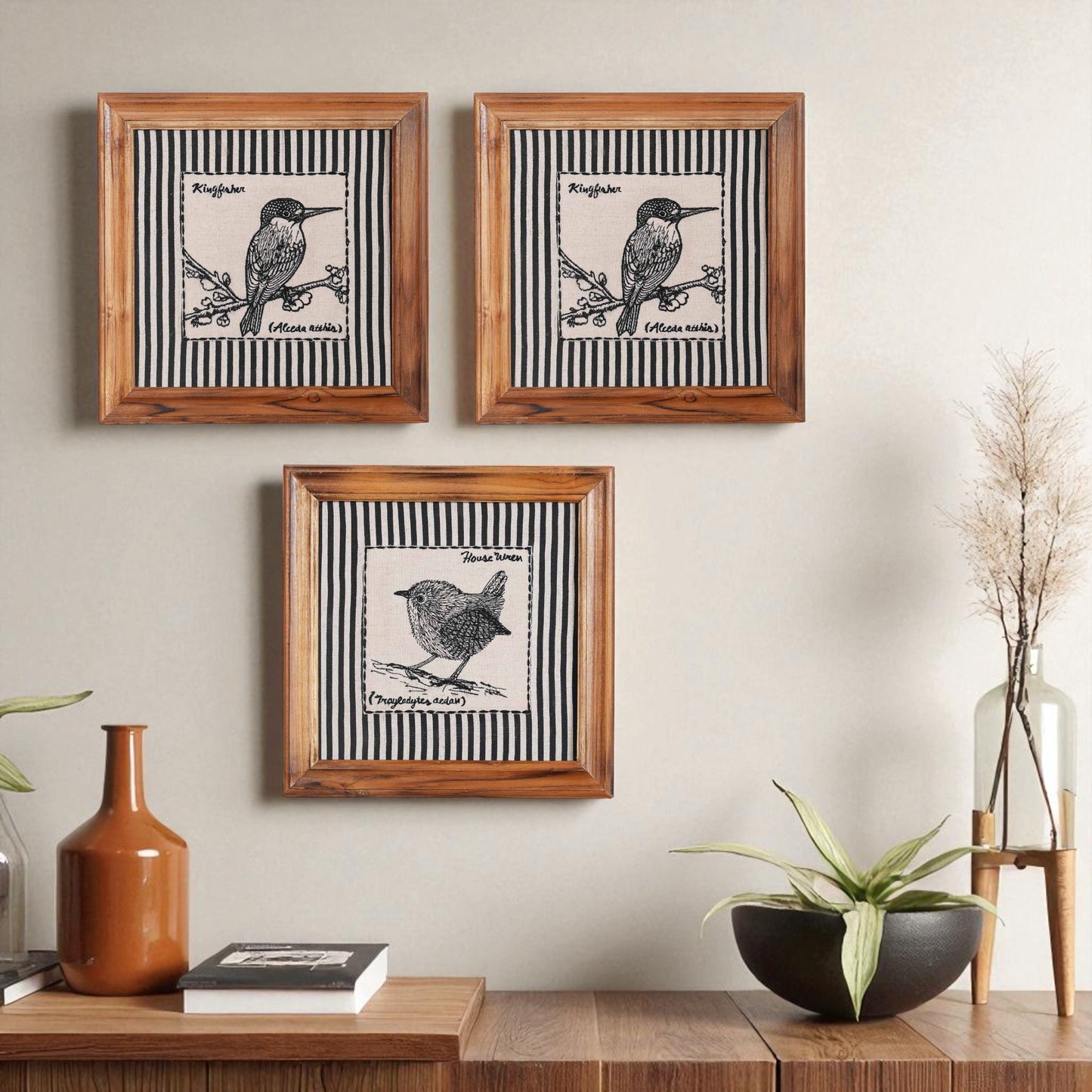 BOTANICAL - HOUSE WREN wall art with teak wooden frame, 12X12 inches