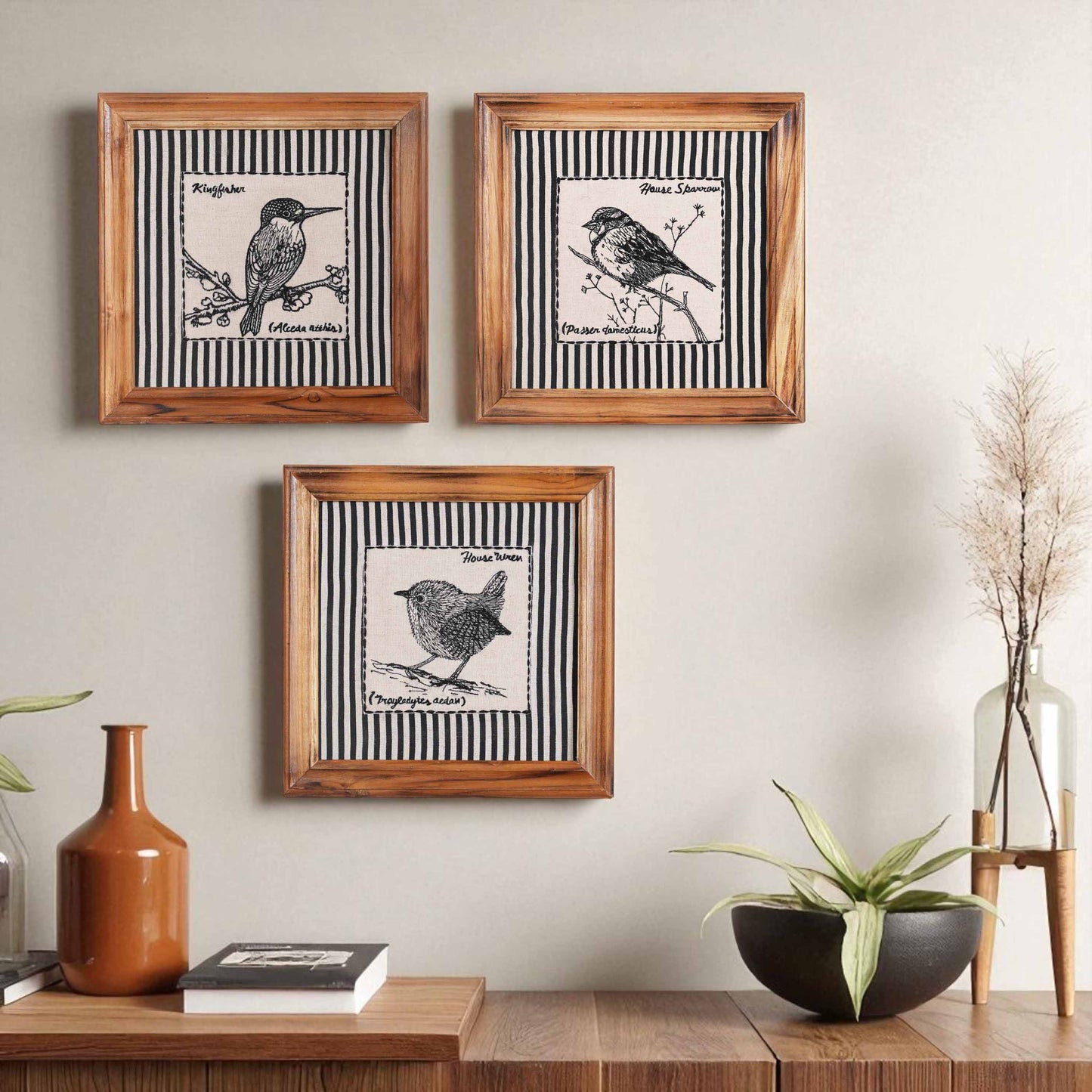 BOTANICAL - HOUSE SPARROW wall art with teak wooden frame, 12X12 inches