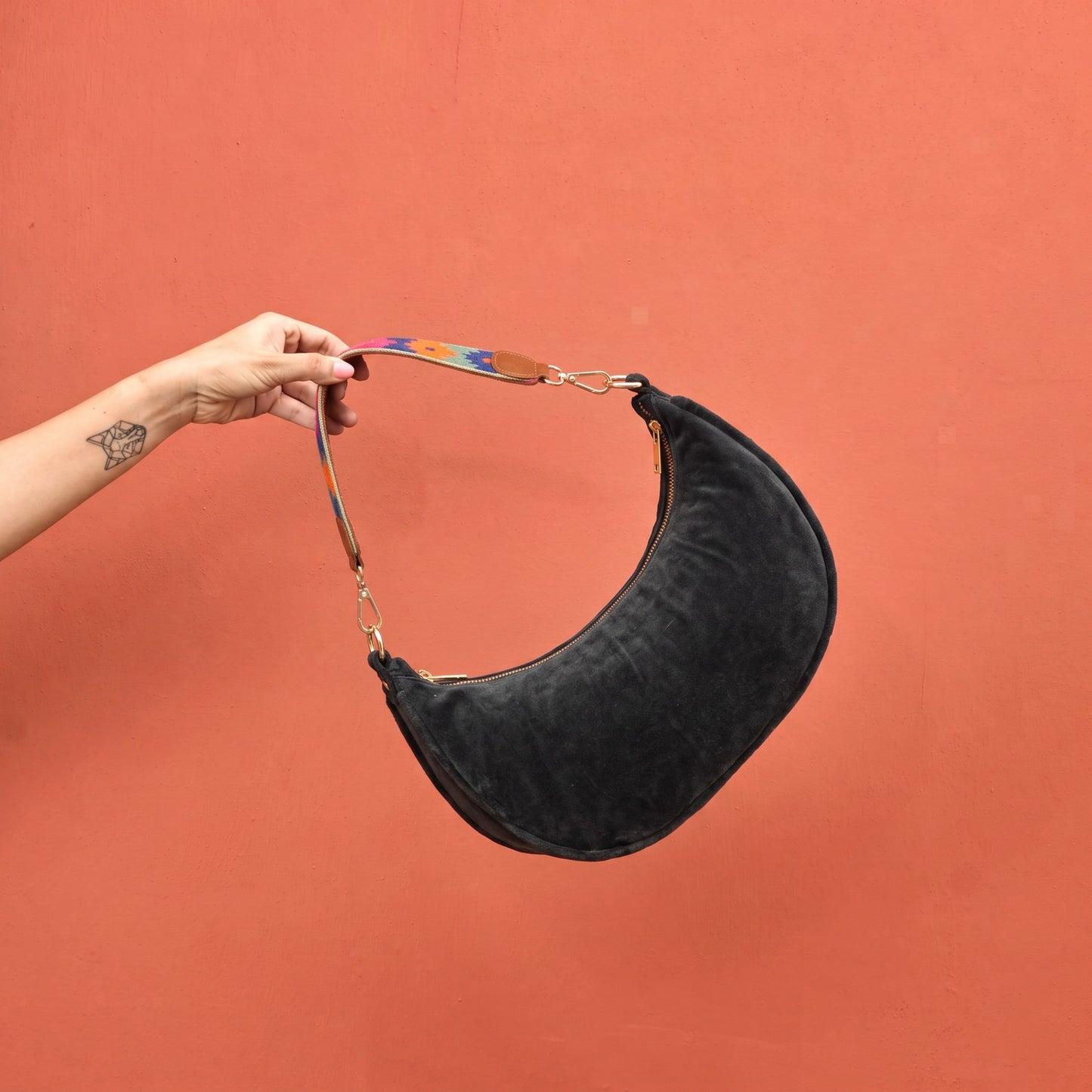 Black Velvet Crescent Half Moon Purse | Detachable Embroidered & Leather Handle | 13 × 6.5 inches