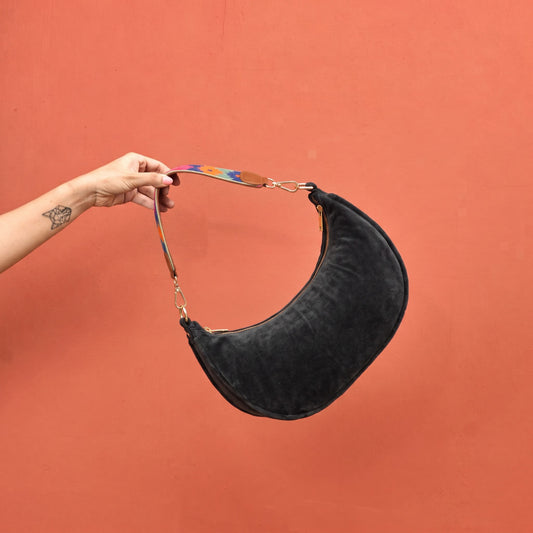 Black Velvet Crescent Half Moon Purse | Detachable Embroidered & Leather Handle | 13 × 6.5 inches