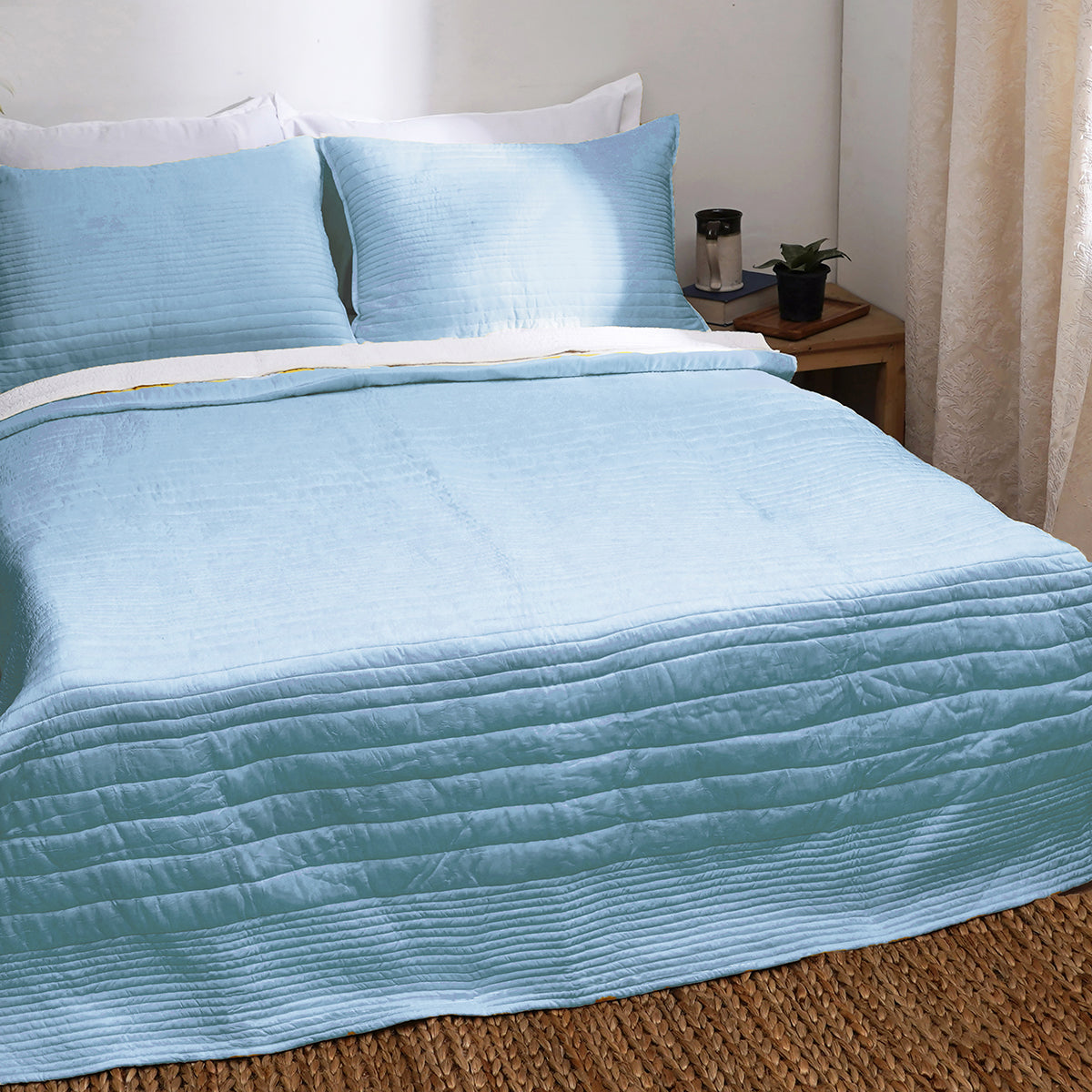 SKY BLUE luxury 300TC cotton satin Quilt with coordinated pillow cases, Sizes available