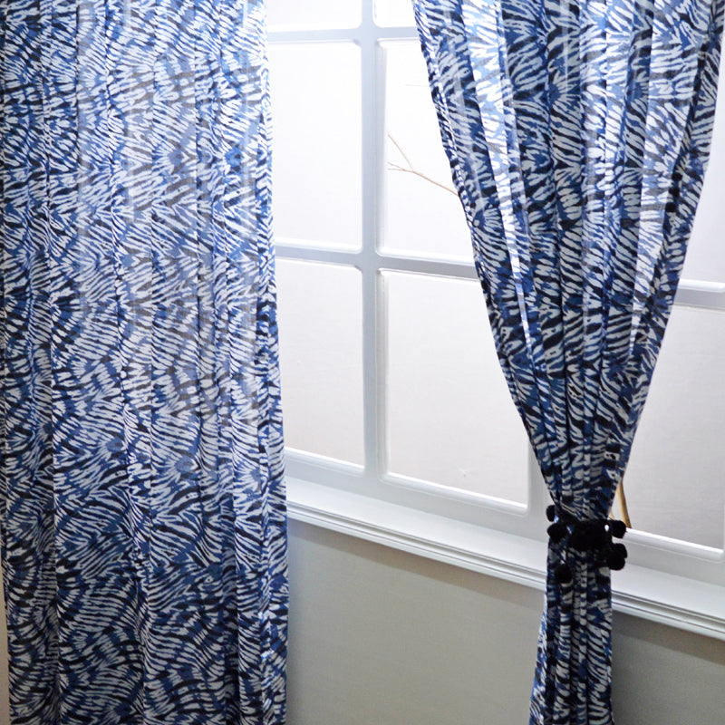 Shibori – cotton sheer curtain panel – Blue shibori chevron print