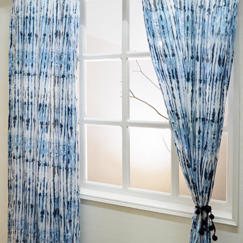 Shibori – cotton sheer curtain panel – Blue shibori stripe print