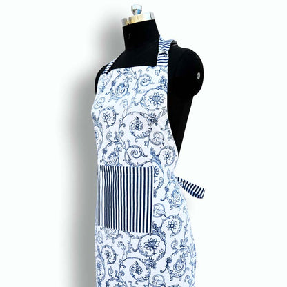 Apron, blue swirl print, Victorian pattern, kitchen accessory
