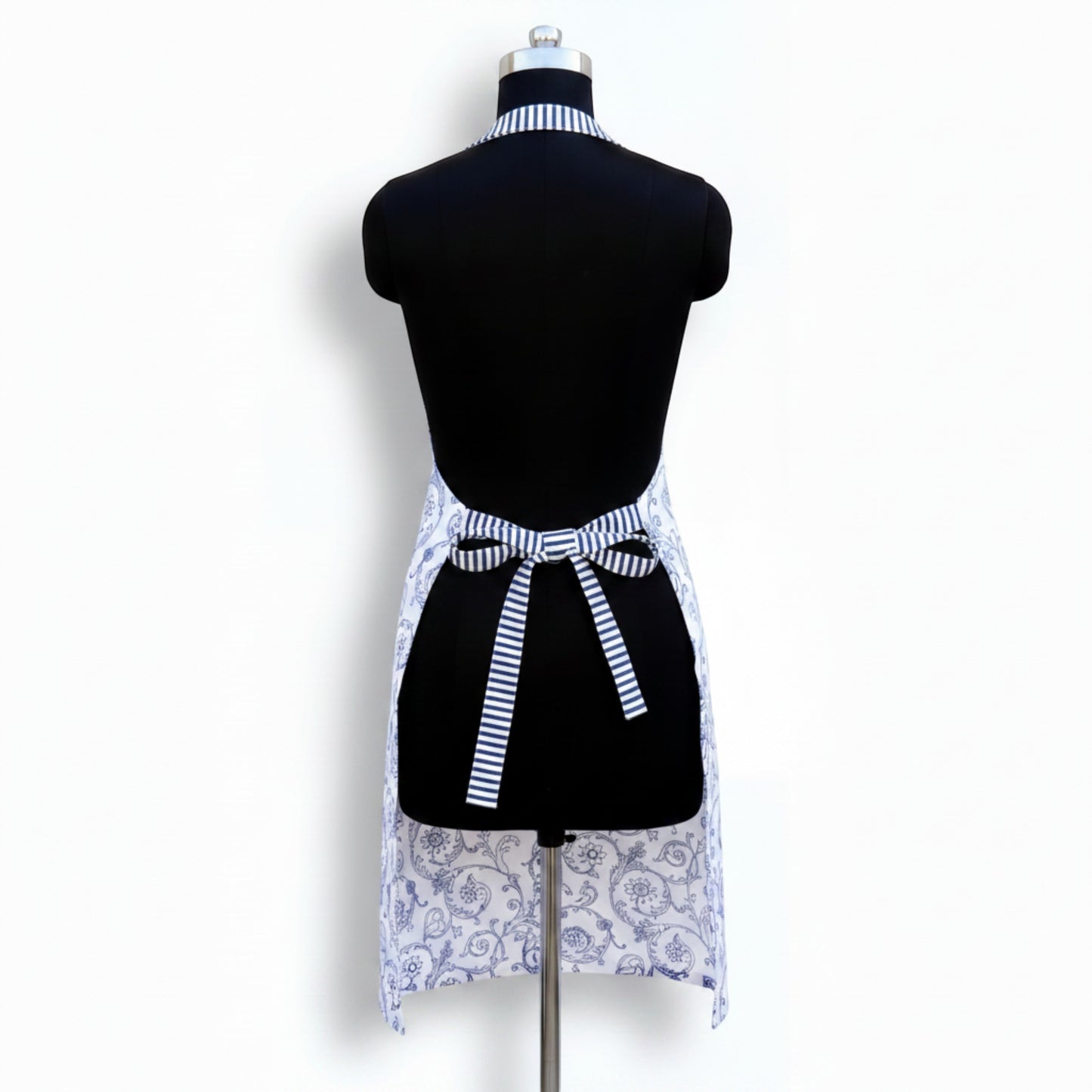 Blue & White Victorian Swirl Print Cotton Apron | Striped Ties & Pocket | Handmade in India
