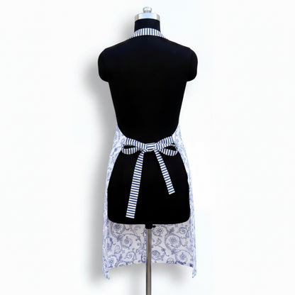 Blue & White Victorian Swirl Print Cotton Apron | Striped Ties & Pocket | Handmade in India