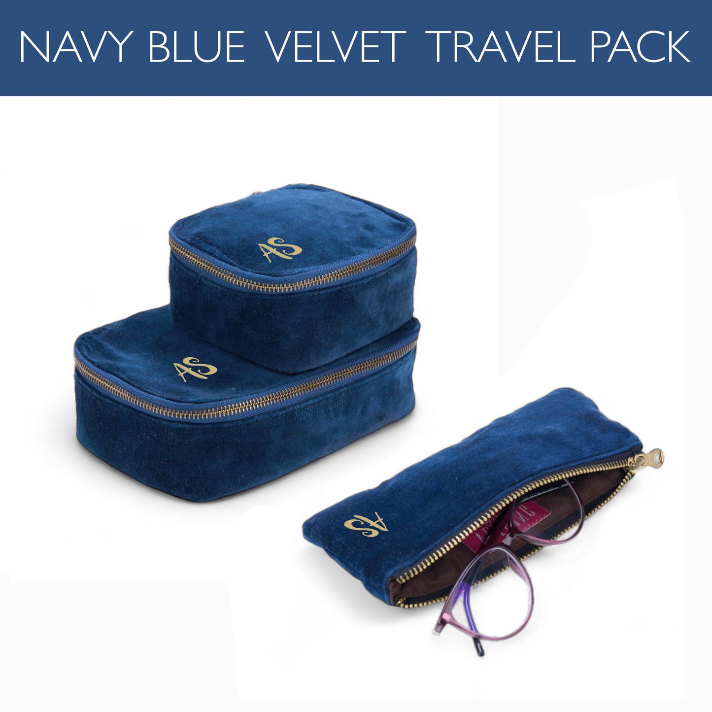 GIFT PACK - Set of 2 nesting boxes and Eye glass case in NAVY BLUE velvet