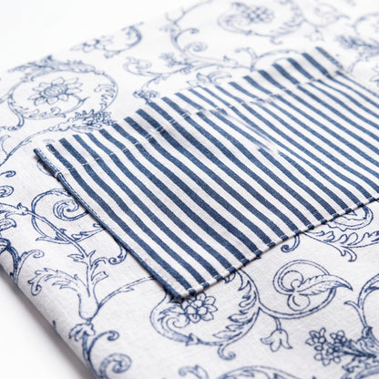 Blue & White Victorian Swirl Print Cotton Apron | Striped Ties & Pocket | Handmade in India