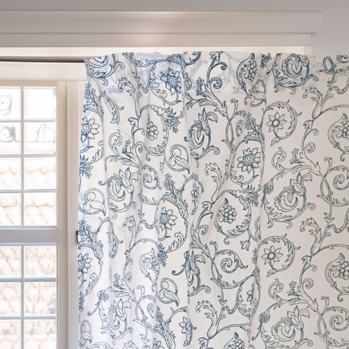 Blue Swirl Sheer Curtain Panel | Printed Cotton Voile | Victorian Pattern