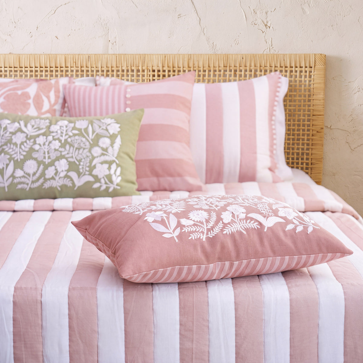 Old Rose and White Stripe Cotton Quilt Set | Stripe Pattern Quilting