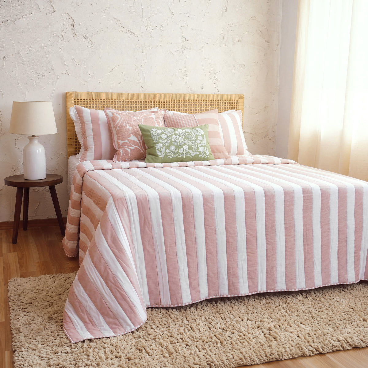 Old Rose and White Stripe Cotton Quilt Set | Stripe Pattern Quilting