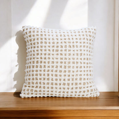 Checkered Tufted off white & Beige Throw Pillow Cover, 18X18 inches - Zulu Collection