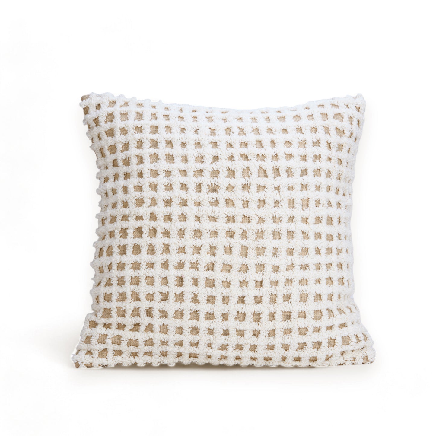 Checkered Tufted off white & Beige Throw Pillow Cover, 18X18 inches - Zulu Collection