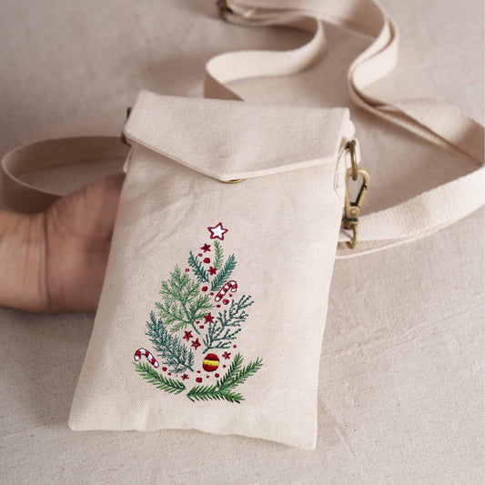 CHRISTMAS TREE Embroidered Canvas Sling Bag – 5X8 inches - Compact Crossbody with Zip Pocket