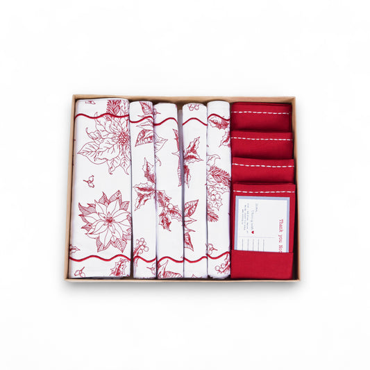 Christmas Table Linen GIFT PACK - in cotton with poinsettia print and wave embroidery