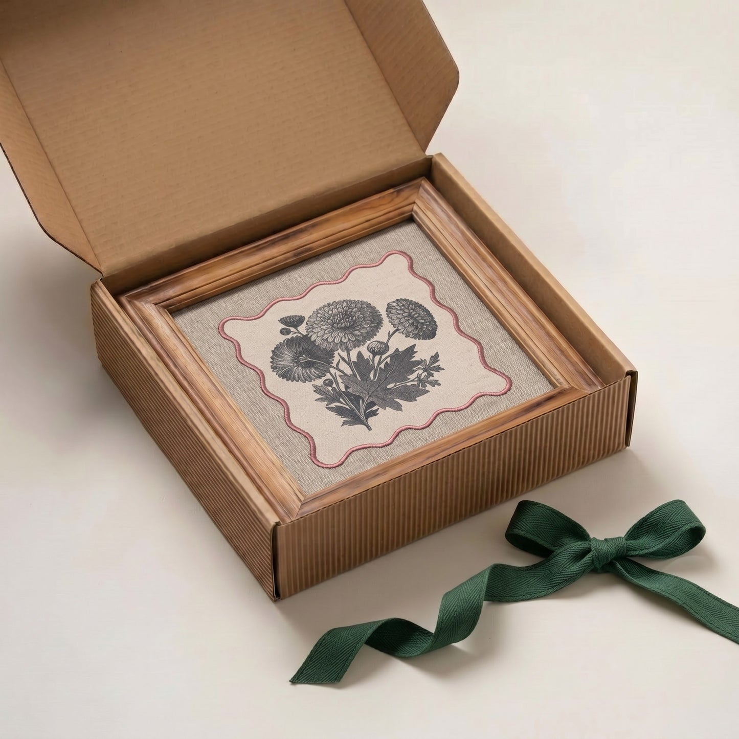 Chrysanthemum Botanical Wall Art – Framed Gift | Embroidered Linen, 12×12 inches