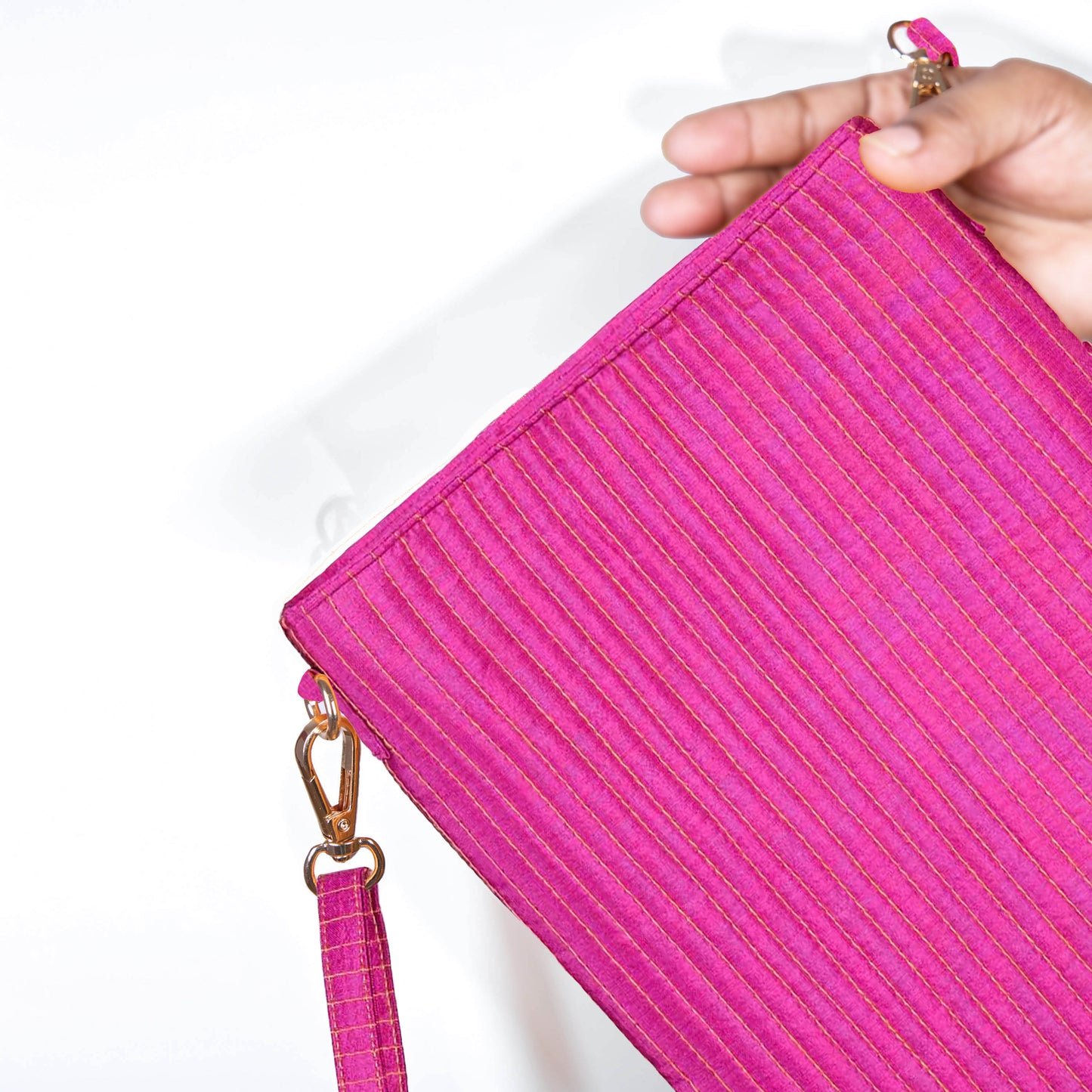 Faux Silk Bright Pink Sling Bag - Quilted, Stripe Pattern – 8x10 Inches | Faux Silk Strap