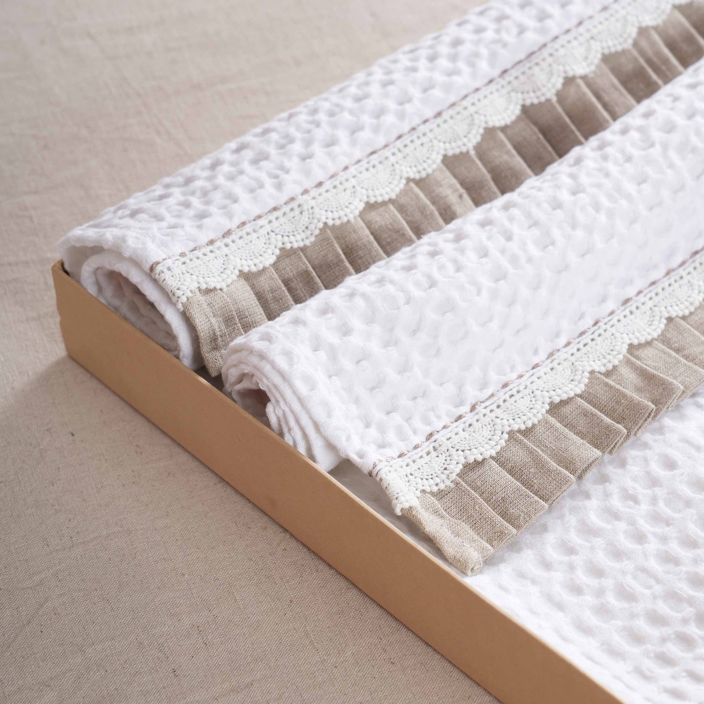 GIFT PACK - Luxury Organic Cotton Waffle Towel Set – 3 Piece | Gathered Linen & Lace Trim