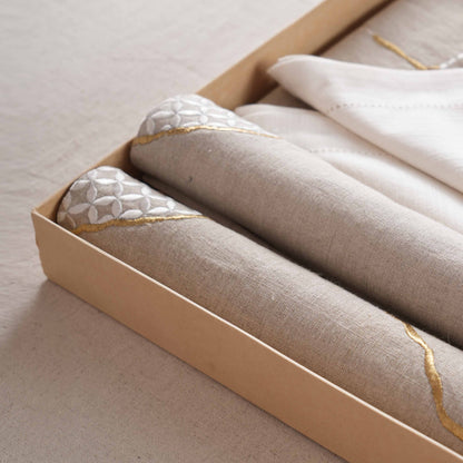 KINTSUGI Table Linen GIFT PACK - Linen and Cotton with Gold Zari and White Silk Embroidery